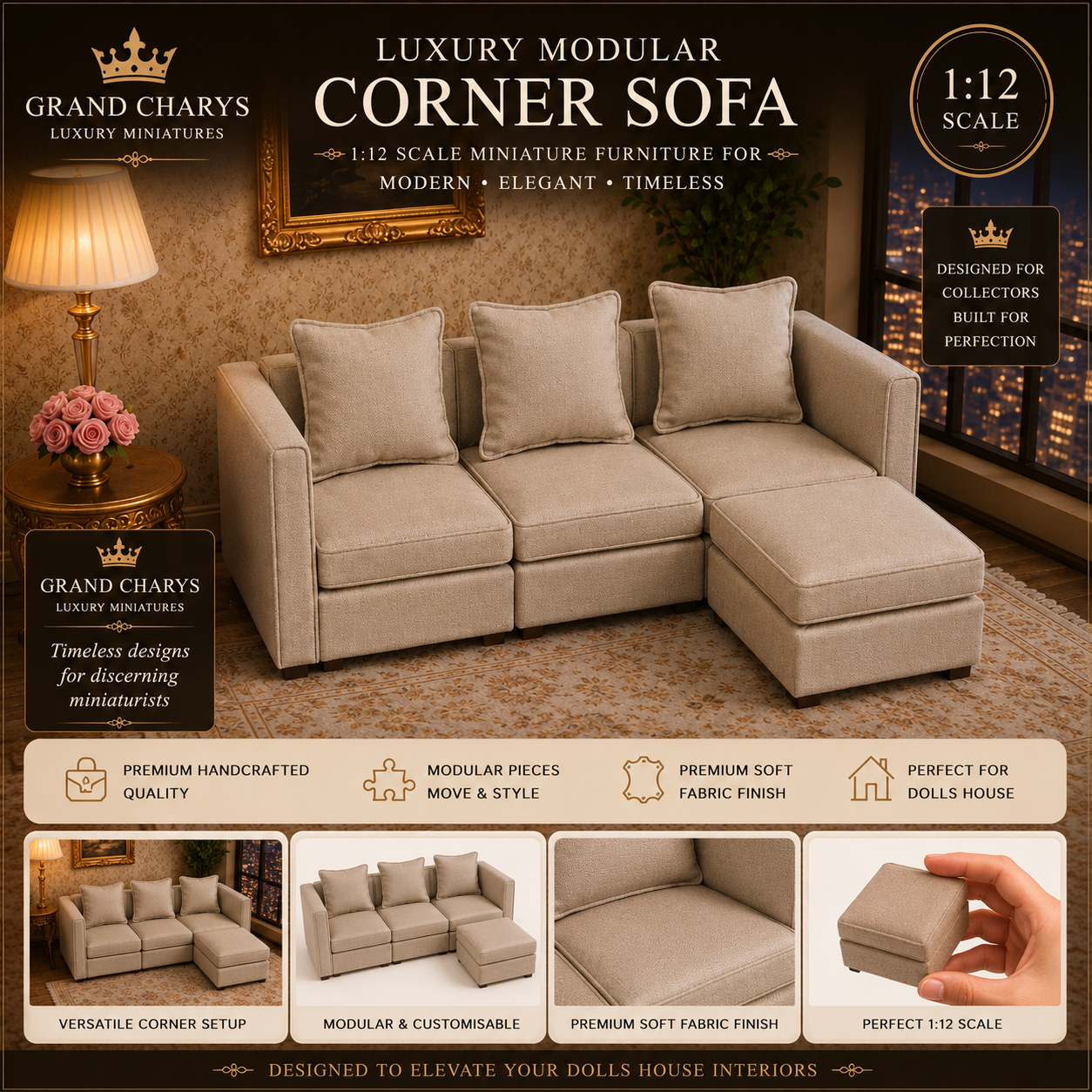 1:12 Scale Modular Corner Sofa, Champagne Beige Miniature Living Room Couch
