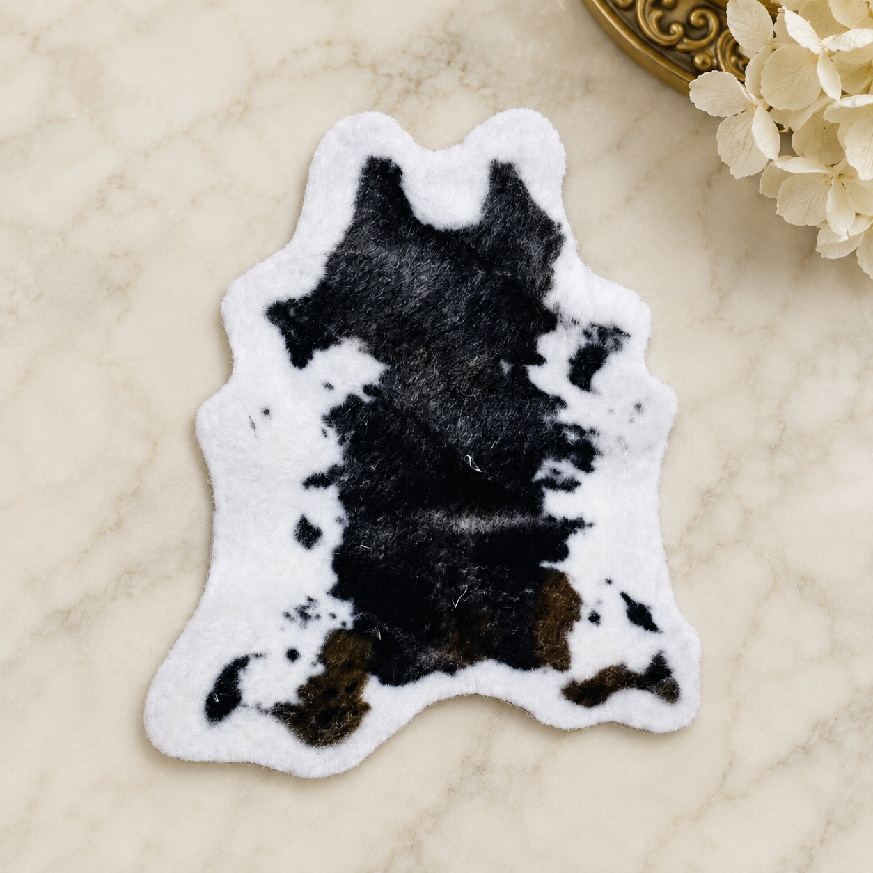 1:12 Scale Miniature Faux Cowhide Rug – Black & White Dolls House Carpet