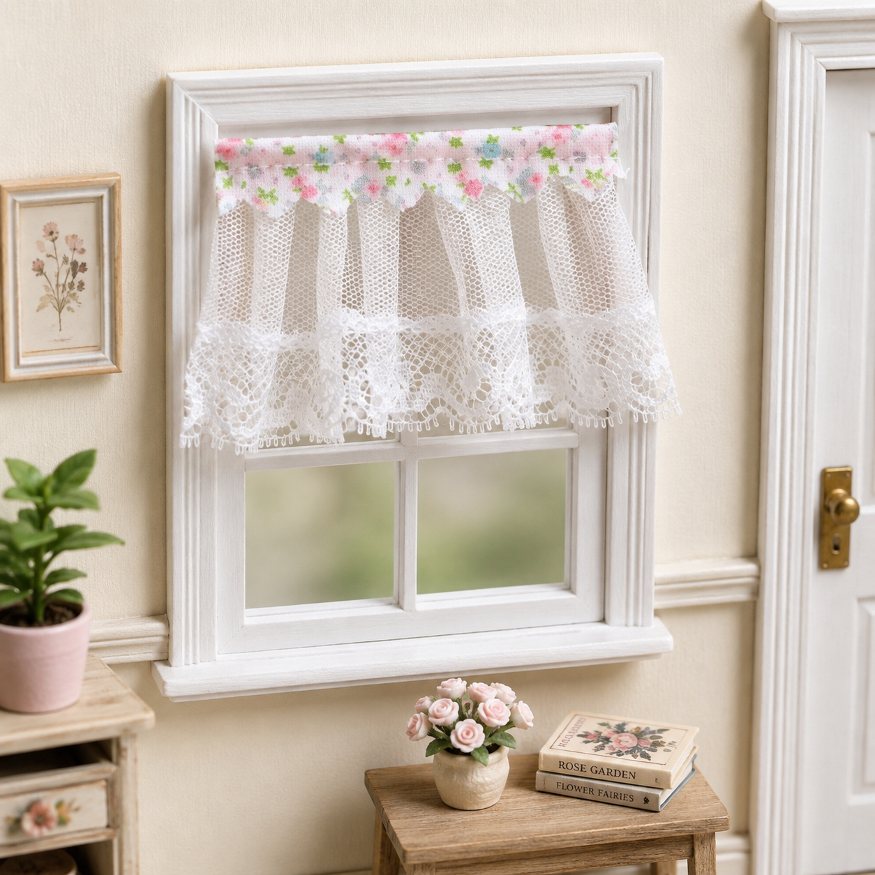 1:12 Scale Miniature Pink Floral Lace Curtains – 2 Piece Dolls House Set