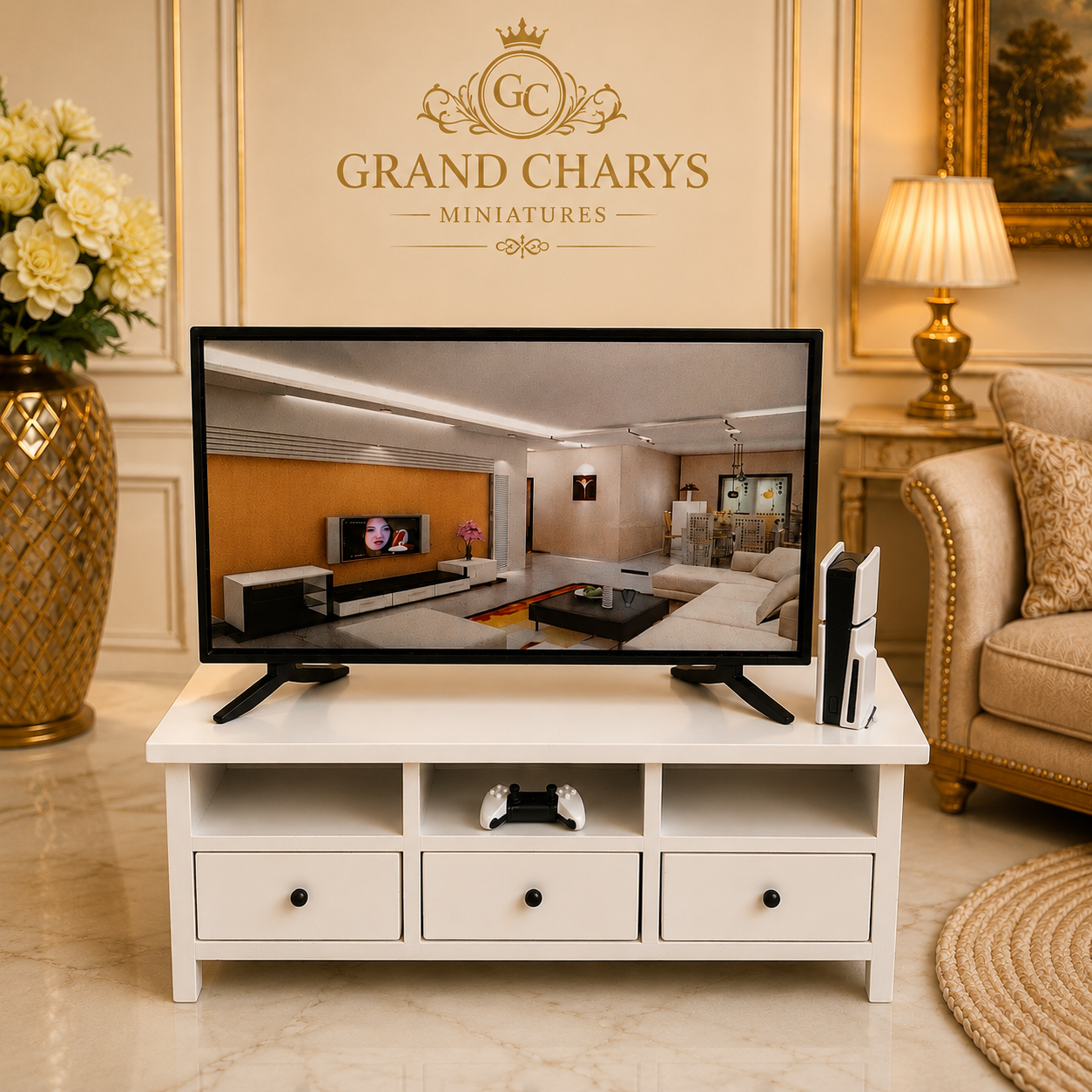 Large Flat Screen TV with Games Console and wood tv unit