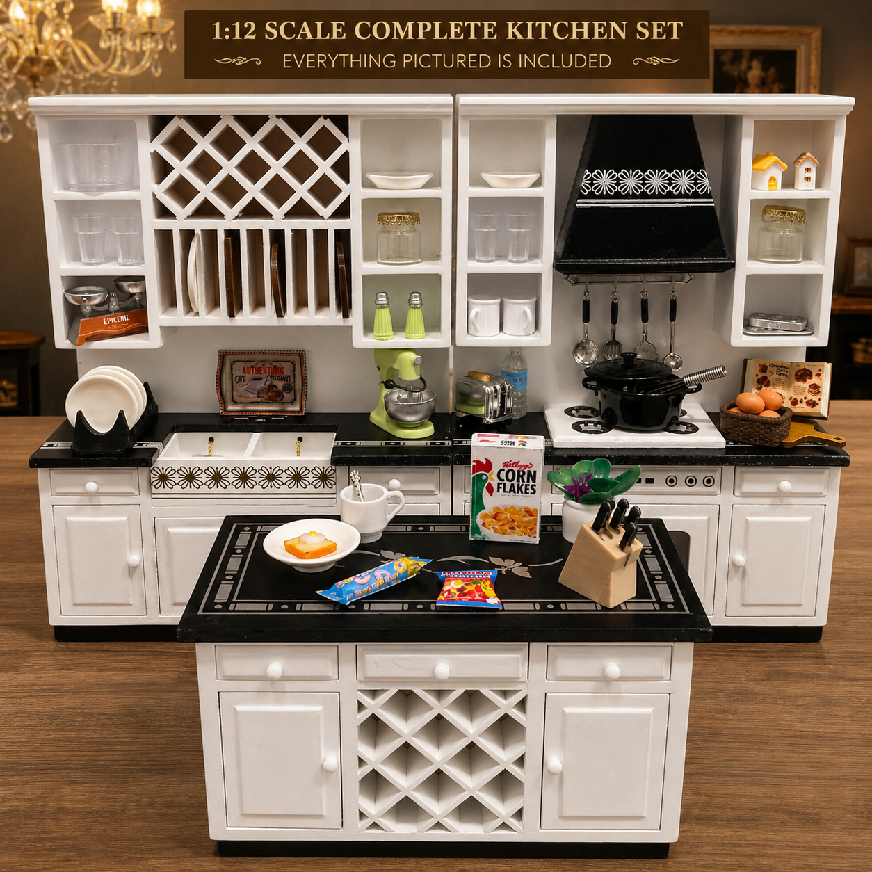 Luxury 1:12 Scale Complete Dollhouse Kitchen Set with Island & Accessories