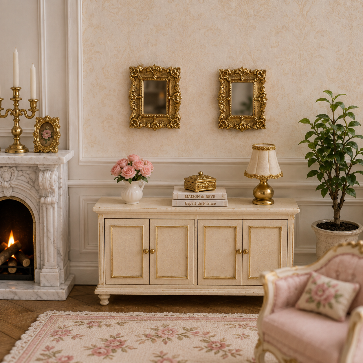 Set of 2 Ornate Gold Wall Mirrors – 1:12 Scale Dollhouse Miniature – Self Adhesive
