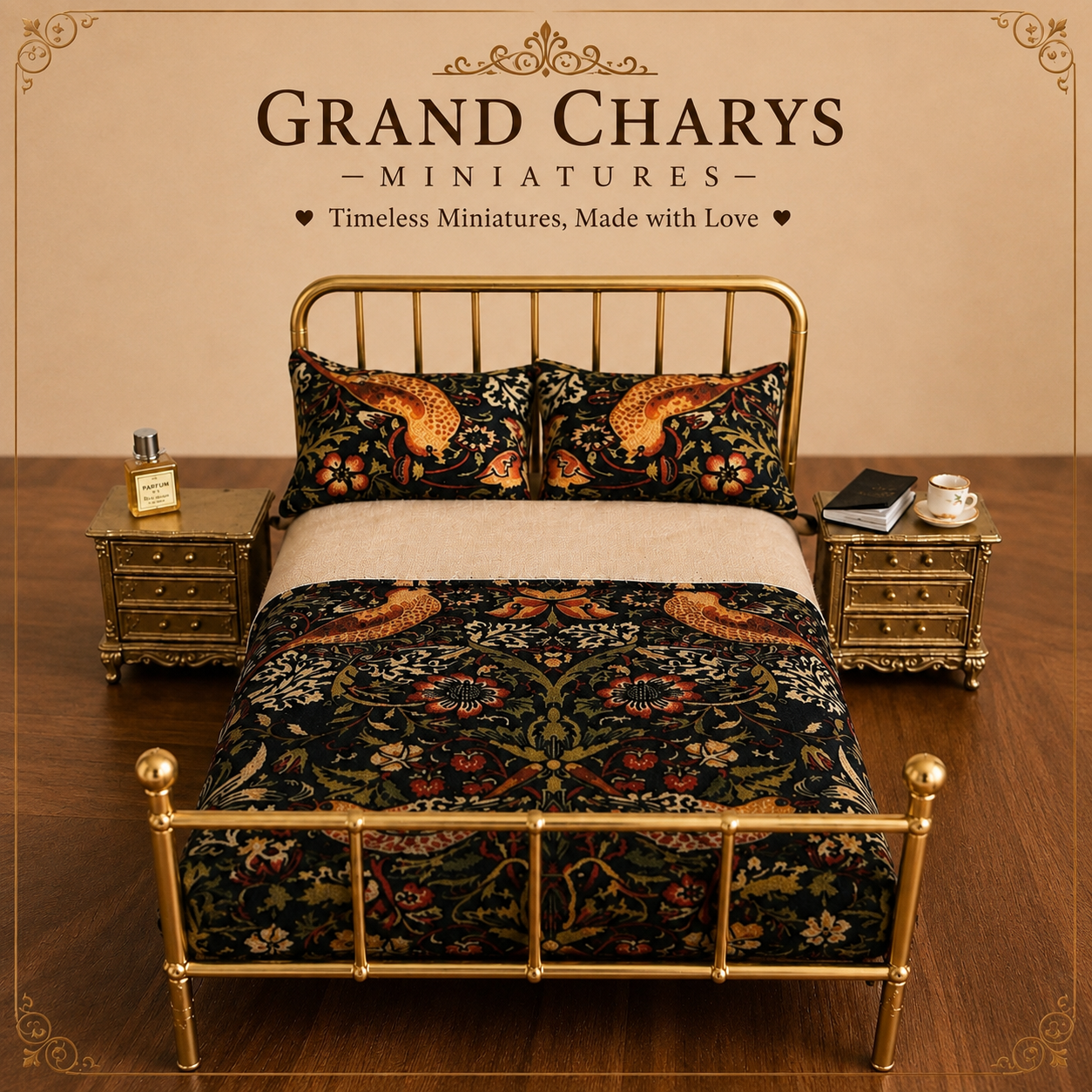 Luxury Gold Miniature Bed & Bedside Tables Set – 1:12 Scale
