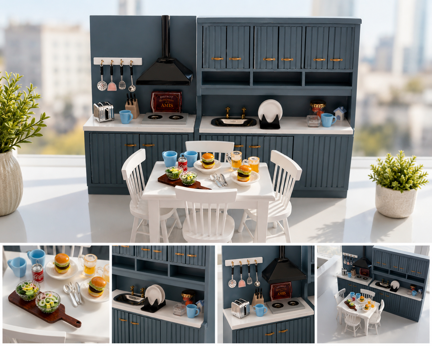 Blue dollhouse kitchen  dining table and chairs including all accessories in images