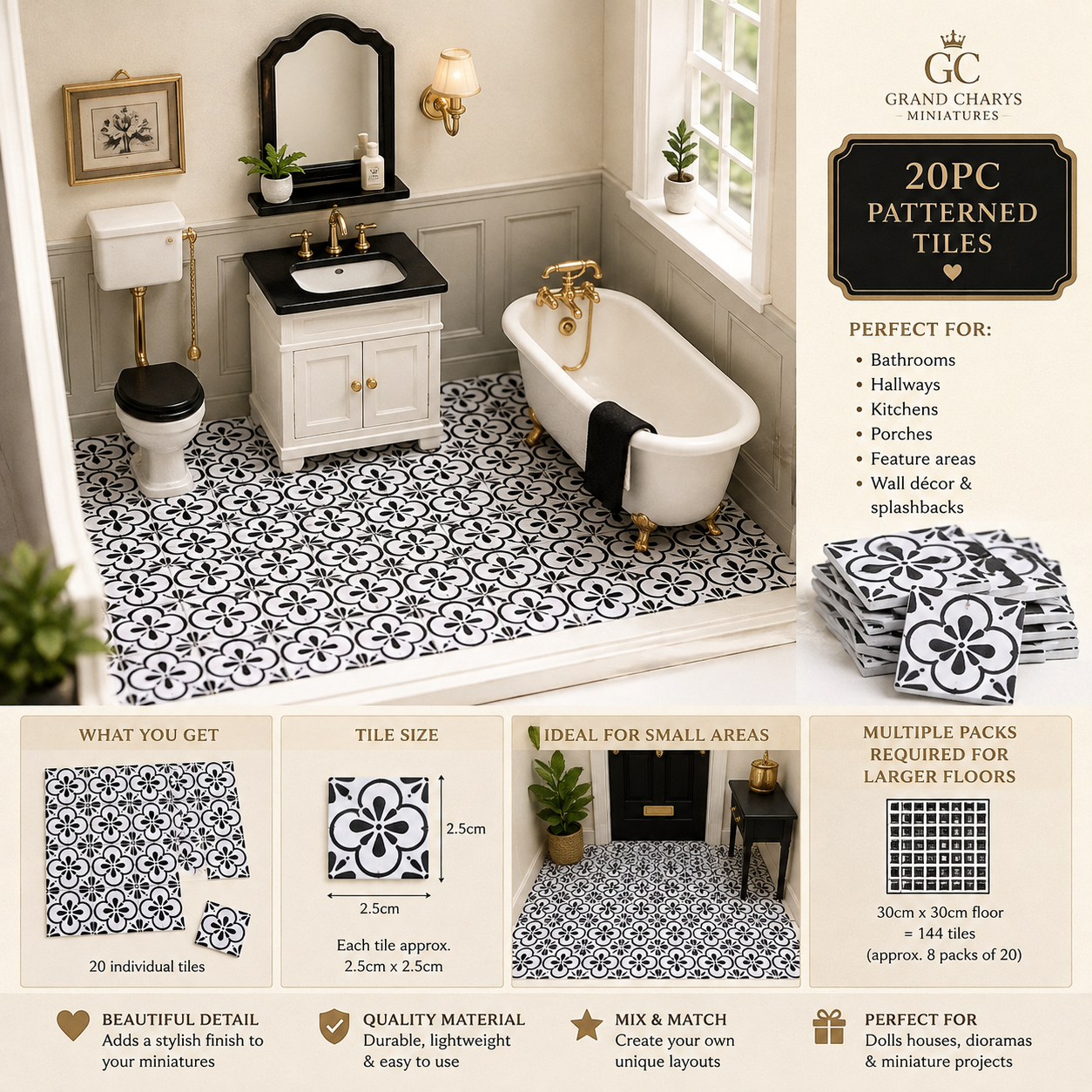 20pc Miniature Black & White Patterned Floor Tiles – Dolls House Flooring