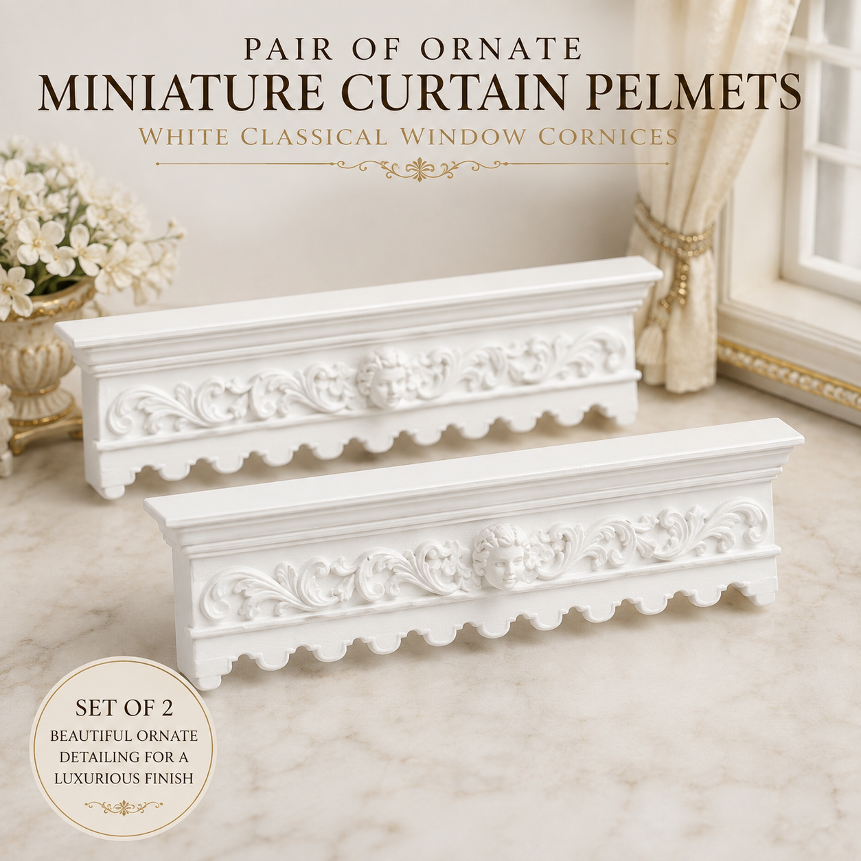 Pair 1:12 scale curtain pelmets