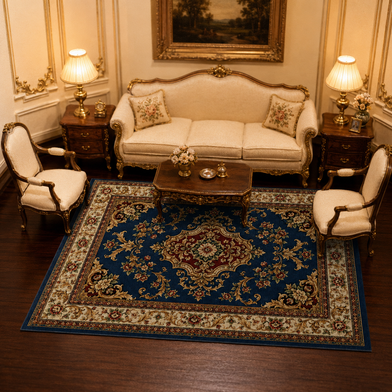Royal Heritage Miniature Canvas Rug – Classic Navy, Burgundy & Gold Dolls House Carpet