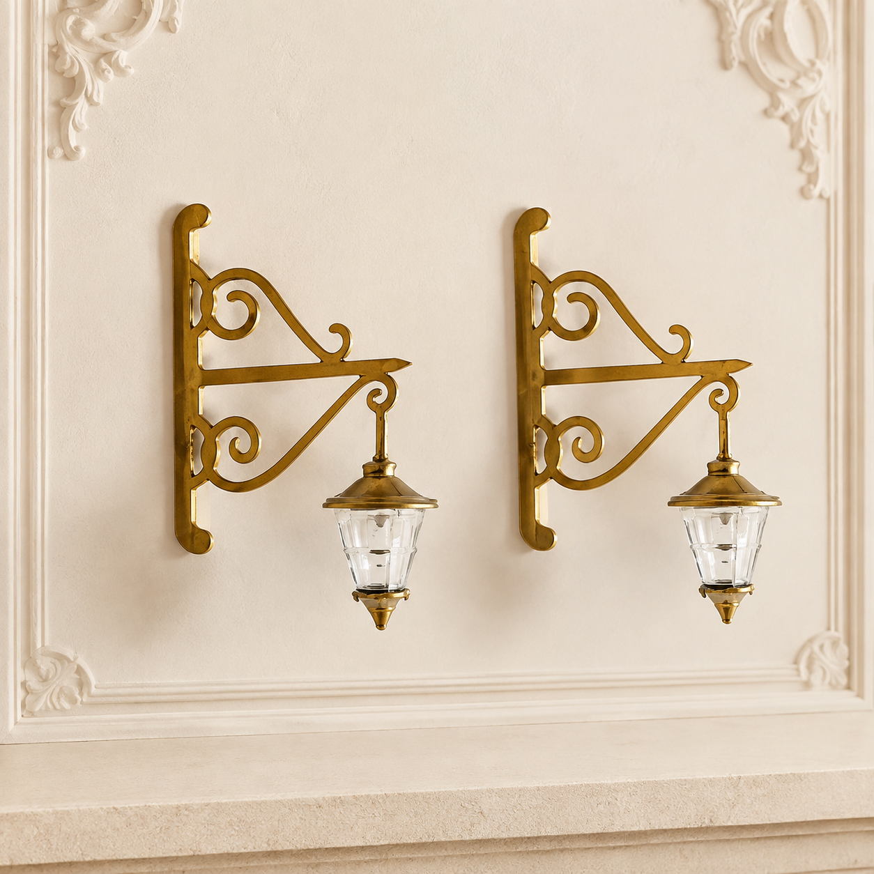Pair of 1:12 Scale Antique Gold Decorative Wall Lanterns – Dolls House Miniatures