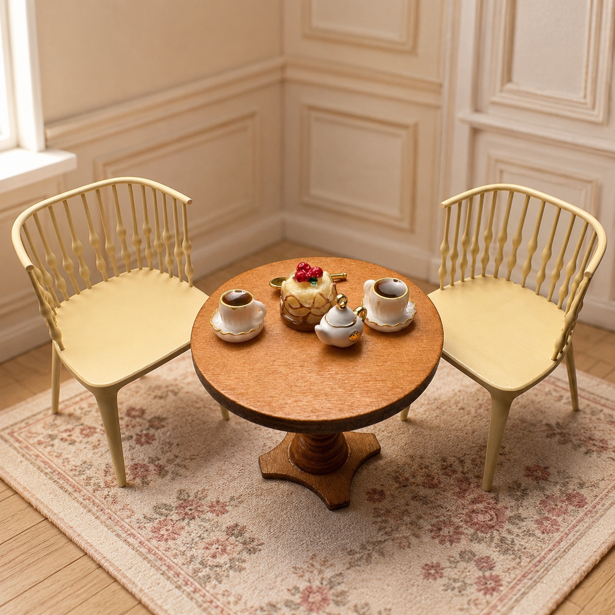 1:12 Dolls House Luxury Afternoon Tea Set with Beige Designer Chairs & Wooden Table