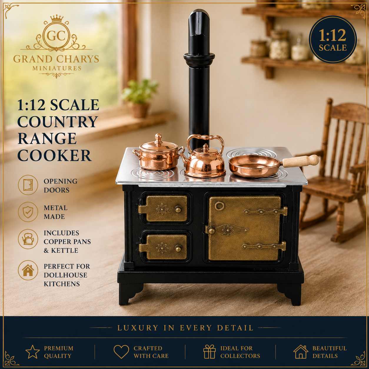 1:12 Scale Metal Country Range Cooker | Opening Doors, Copper Cookware, Dollhouse Kitchen (Copy)