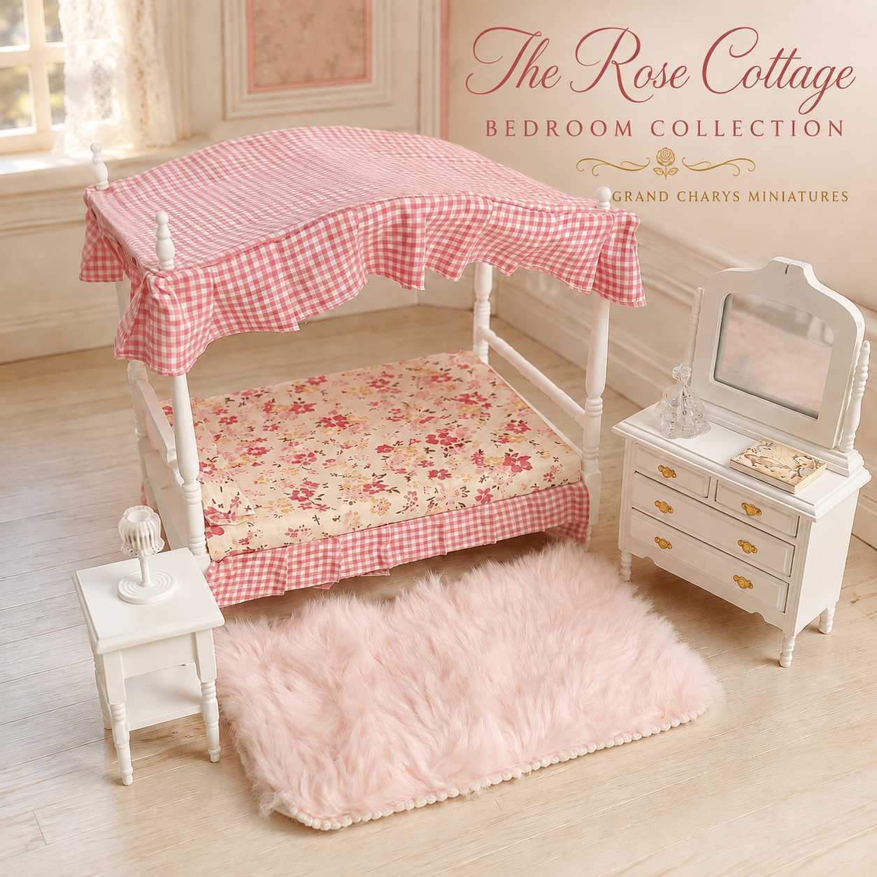 The Rose Cottage Miniature Bedroom Set – Four Poster Bed, Dressing Table, Bedside Table & Rug