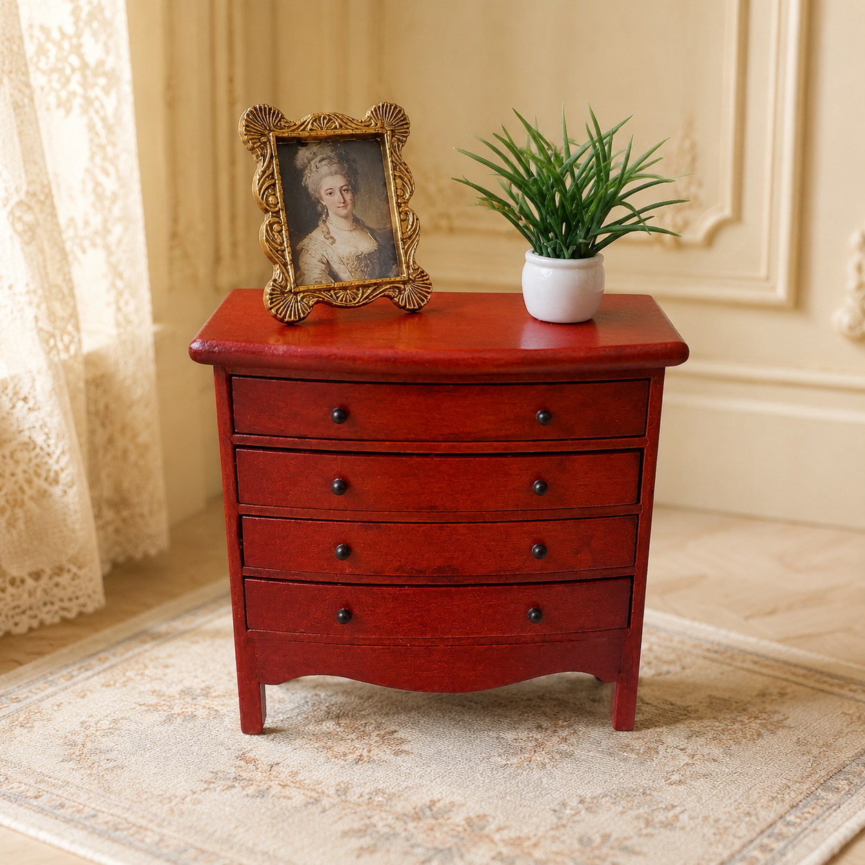 1:12 Dolls House Mahogany Chest of Drawers with Framed Portrait Potted Plant