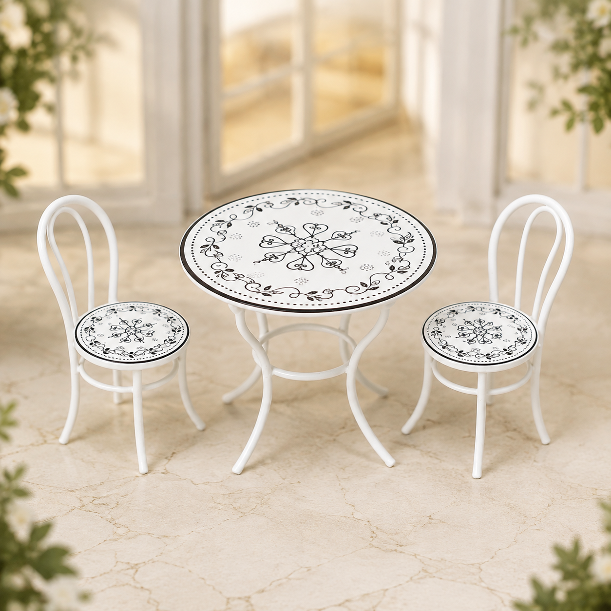 1:12 Scale White Cast Iron Bistro Table & 2 Chairs – Miniature Dolls House Garden Set
