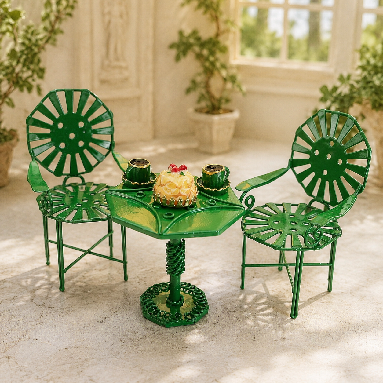 Miniature Green Garden Afternoon Tea Set – Table, 2 Chairs, Cups & Cake – 1:12 Dolls House
