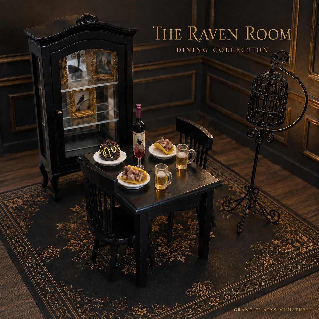 The Raven Room Miniature Dining Set – Complete 1:12 Table, Cabinet, Food, Birdcage & Rug