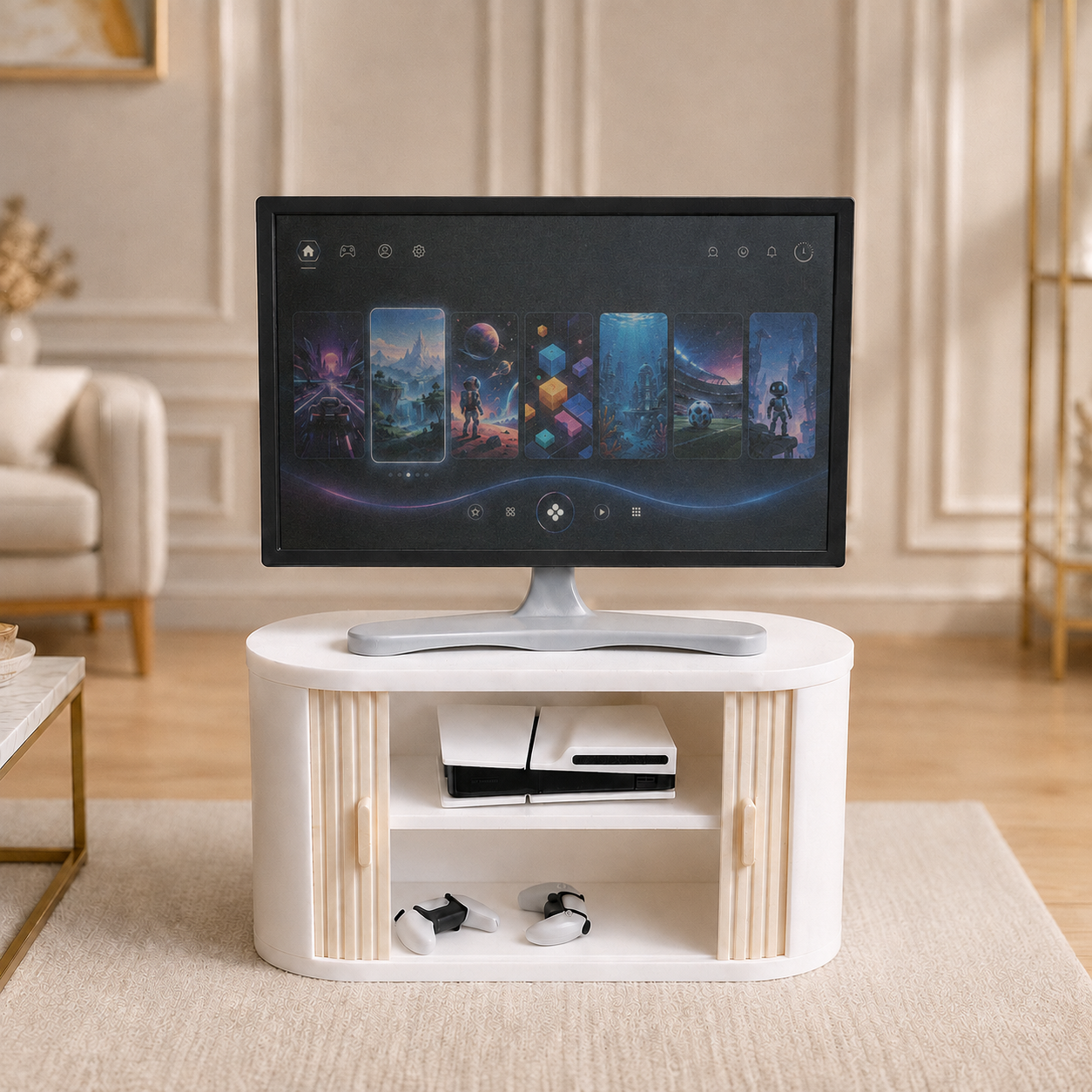 Modern Miniature Entertainment Set – TV Cabinet, Decorative Gaming TV, Console & Controllers – 1:12 Scale