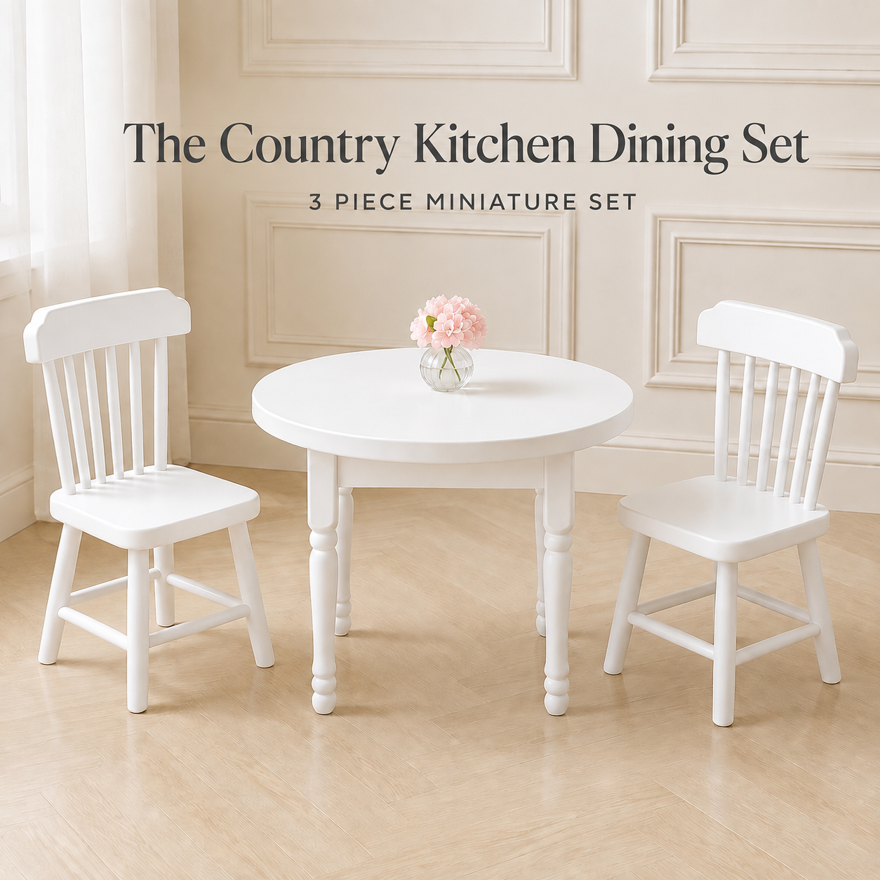 1:12 Scale White Dining Table & 2 Chairs Set – Miniature Dollhouse Furniture, Suitable for Maileg-Style Mice