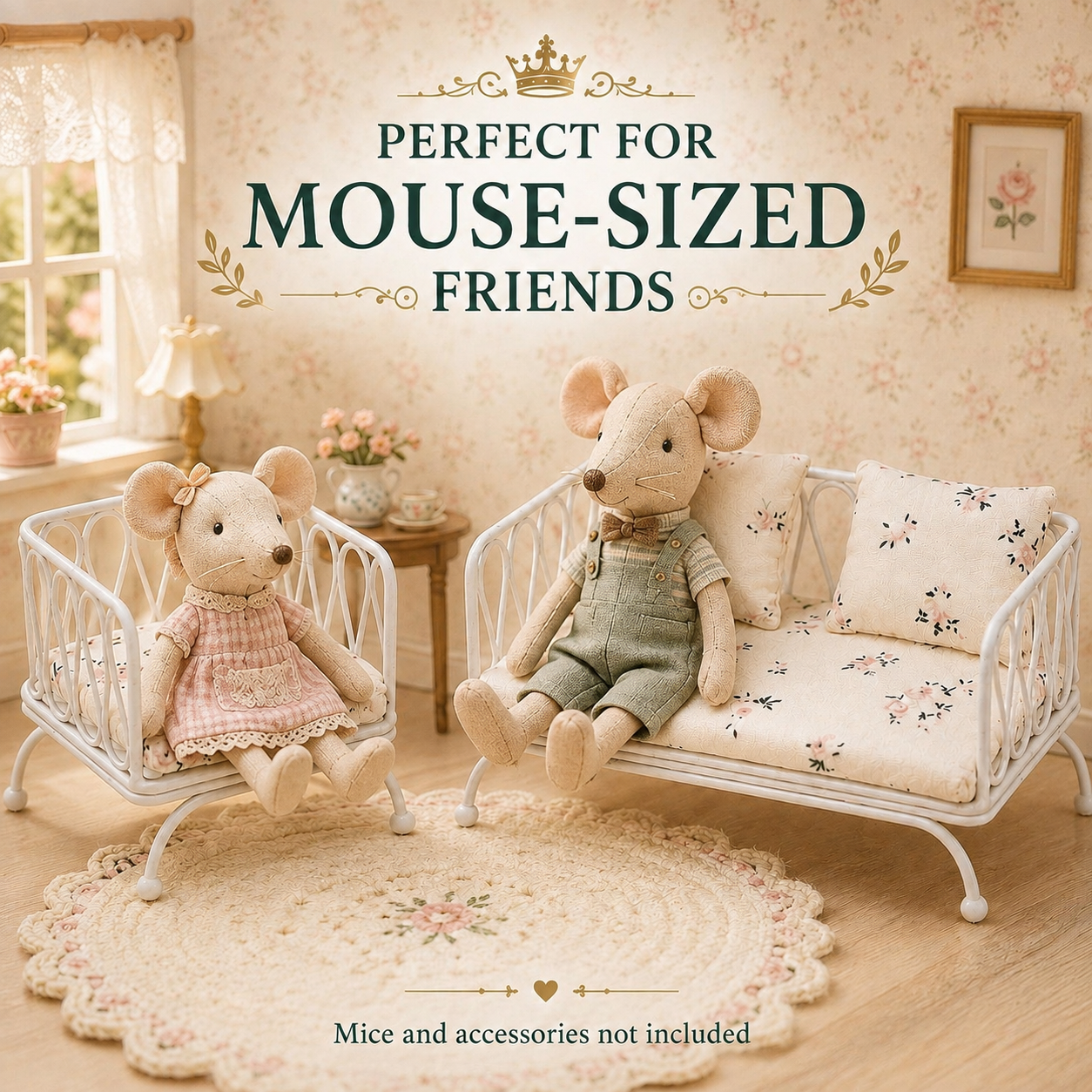 1:12 White Floral Sofa & Armchair Set – Miniature Dollhouse Furniture Suitable for Maileg-Style