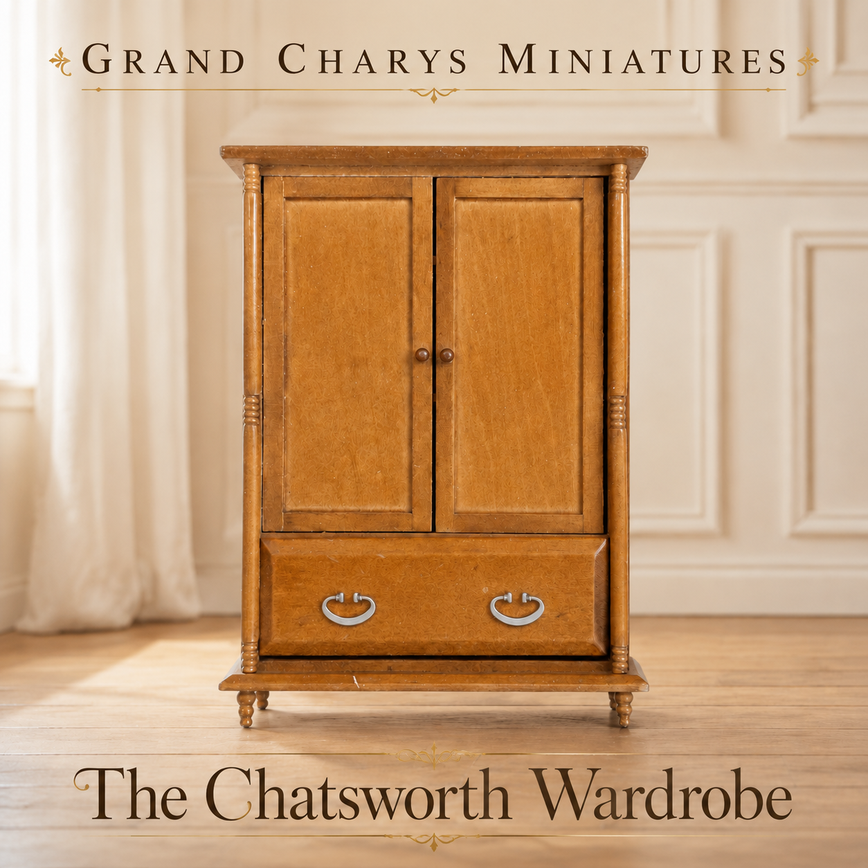 The Chatsworth Wardrobe – 1:12 Scale Wooden Dollhouse Wardrobe with Opening Doors & Drawer