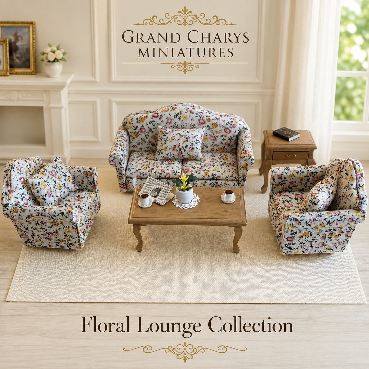 1:12 Scale Dollhouse Living Room Furniture Set - Floral Lounge Collection