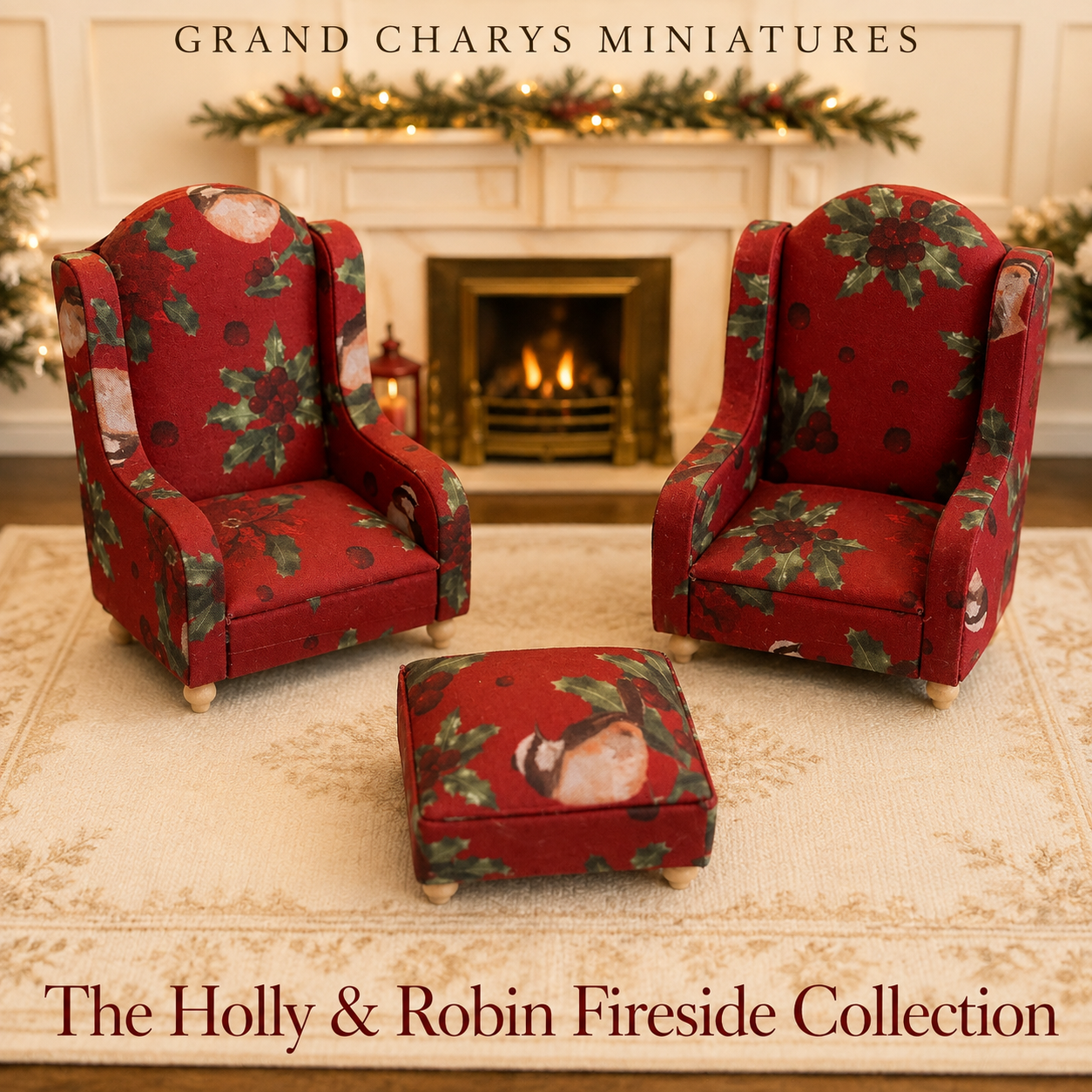 The Holly & Robin Fireside Collection – 1:12 Scale Two-Chair & Footstool Set