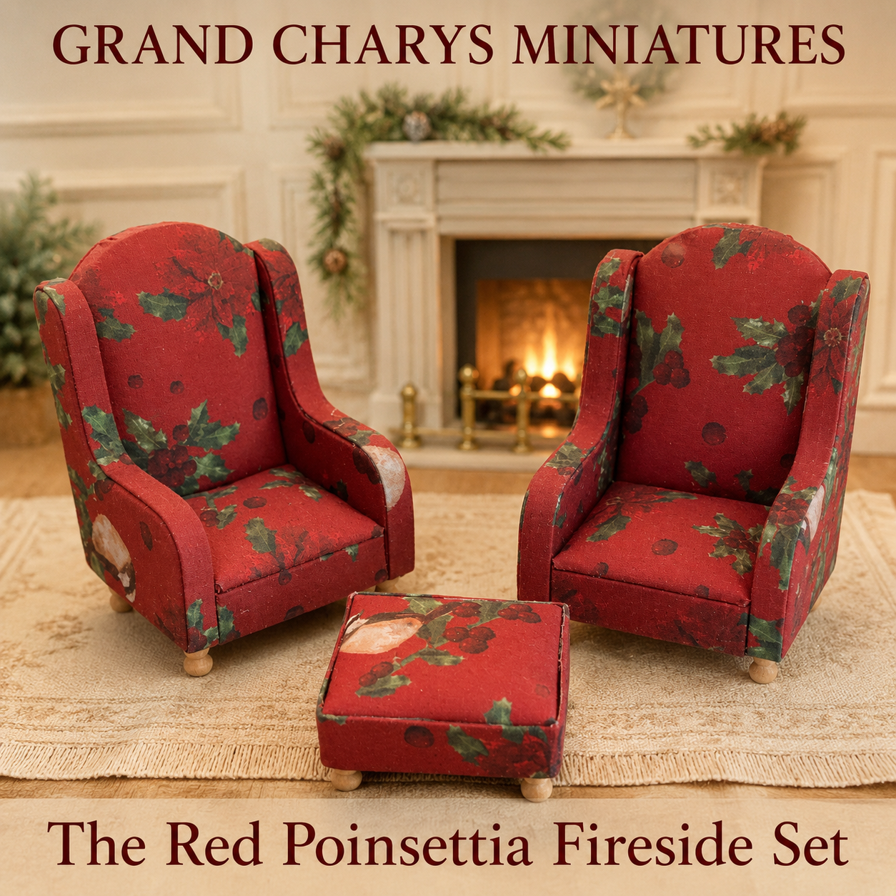 The Red Poinsettia Fireside Set – 1:12 Scale Two-Chair & Footstool Set