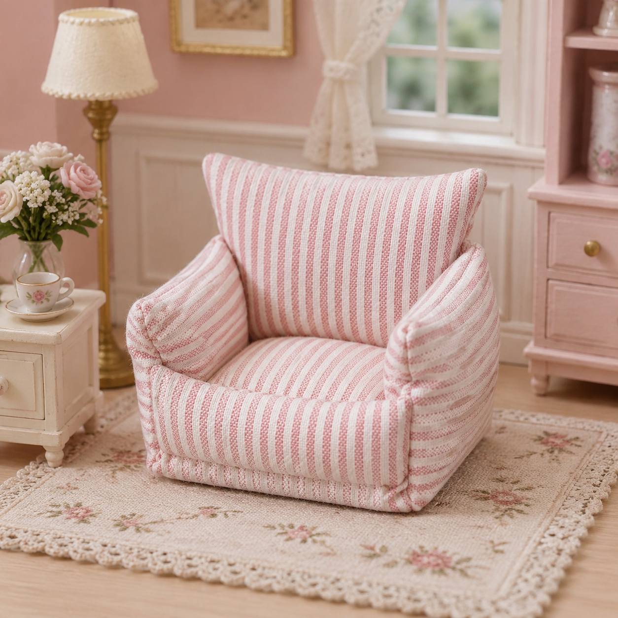 The Rose Cottage  Cuddle Chair – Pink Striped 1:12 Scale Dollhouse