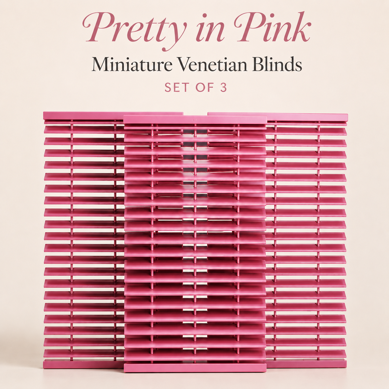 Set of 3 Pink Miniature Venetian Blinds – 1:12 Scale Dollhouse Window Décor