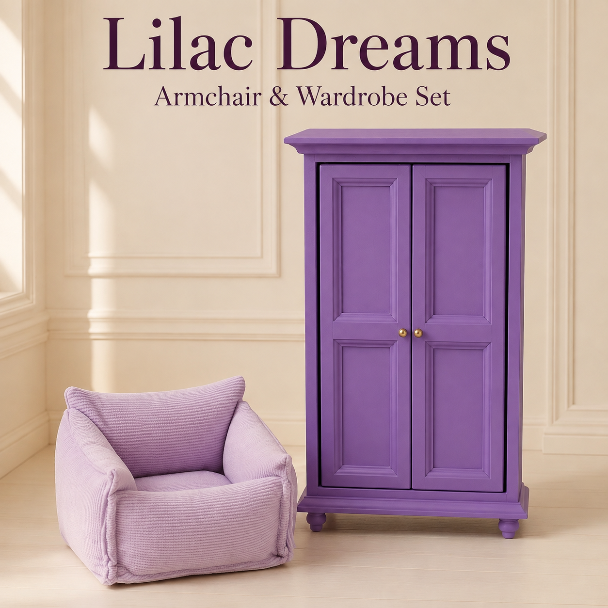 Lilac Dreams 1:12 Scale Armchair & Opening Wardrobe Set – Dollhouse Bedroom Furniture