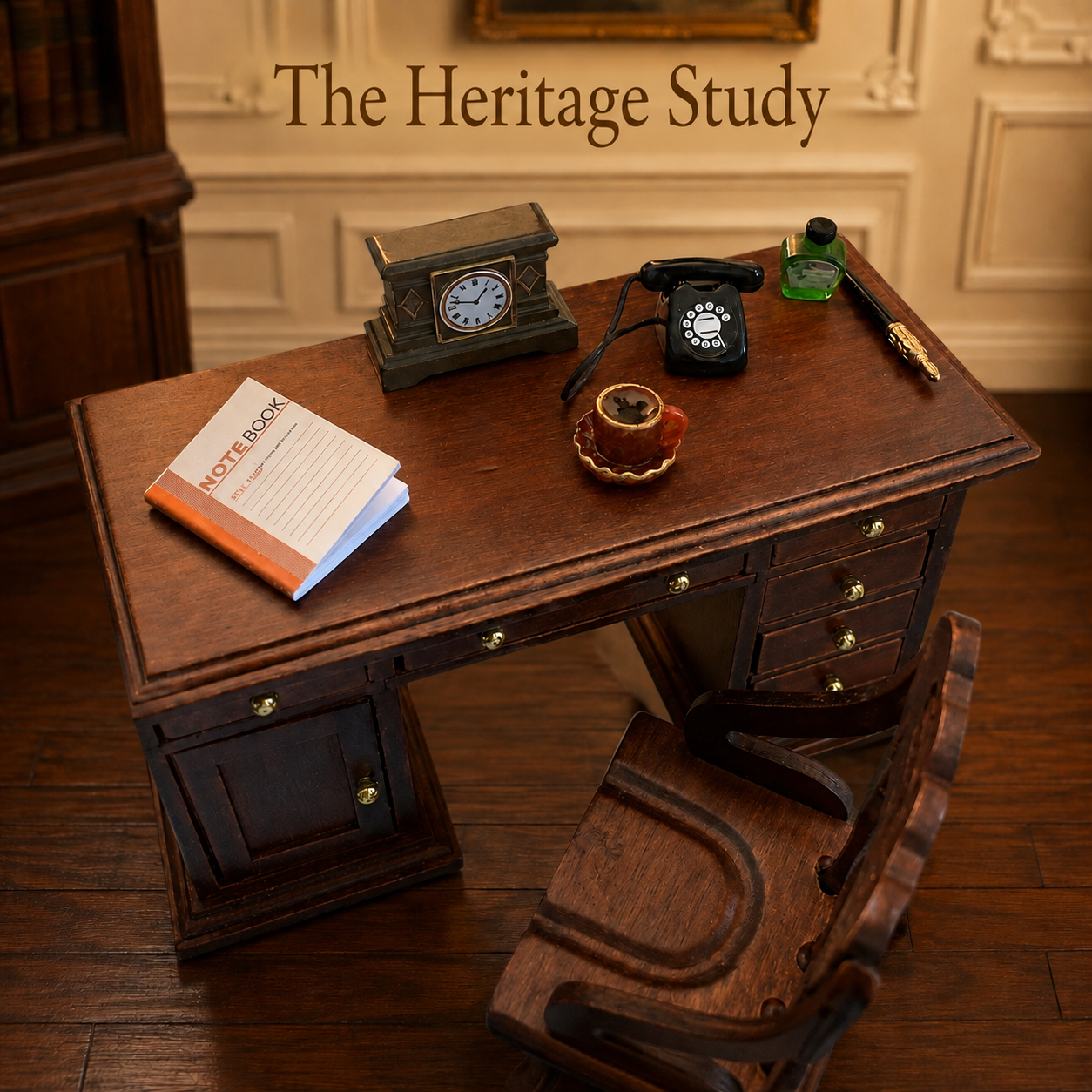 The Heritage Study – 1:12 Scale Miniature Wooden Desk, Chair, Telephone, Clock & Accessories Set