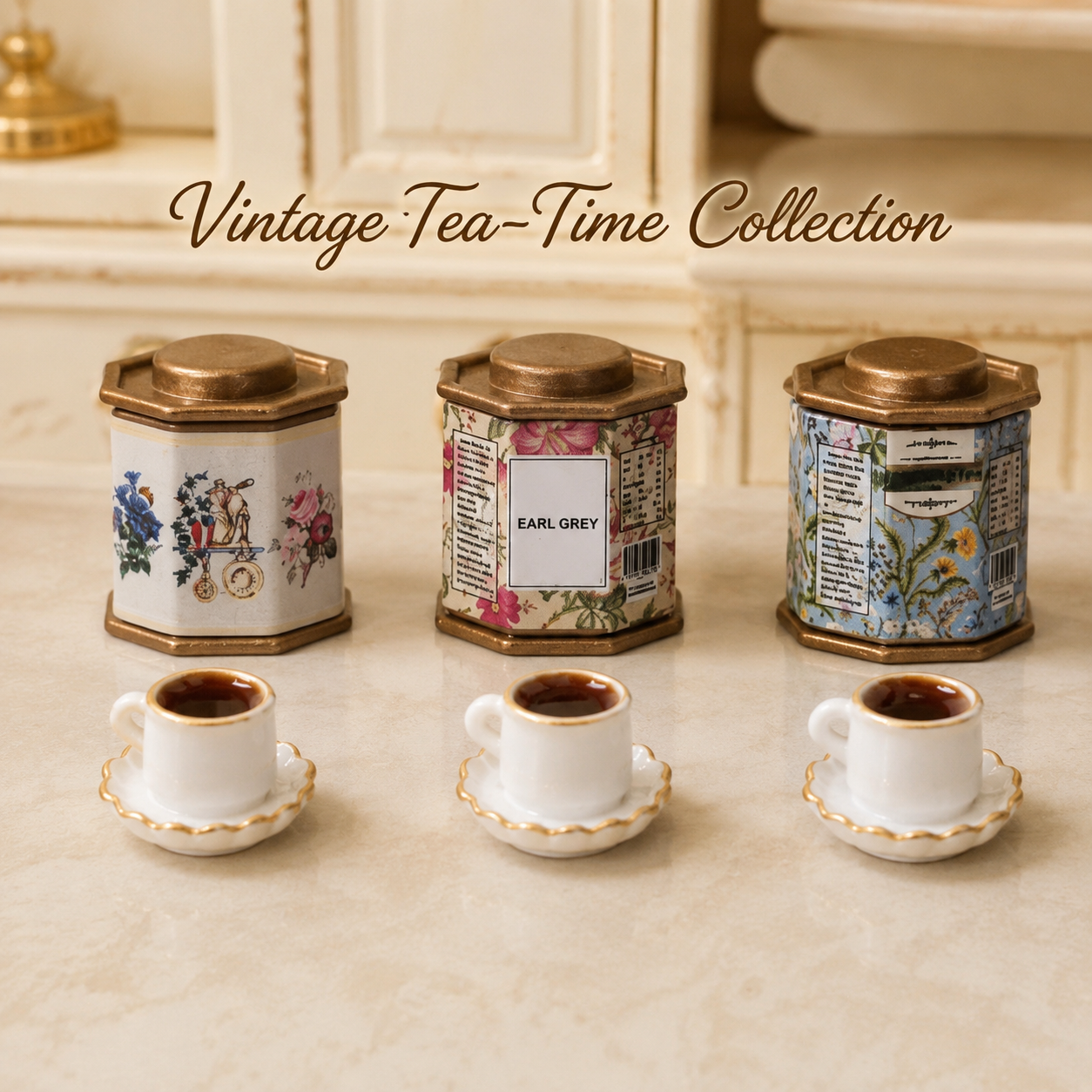 1:12 Scale Vintage Tea Tin & Filled Cup Set – 6 Piece Miniature Kitchen Collection