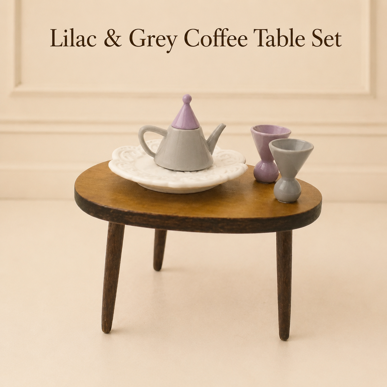 1:12 Scale Lilac & Grey Coffee Table Tea Set – Miniature Dollhouse Furniture