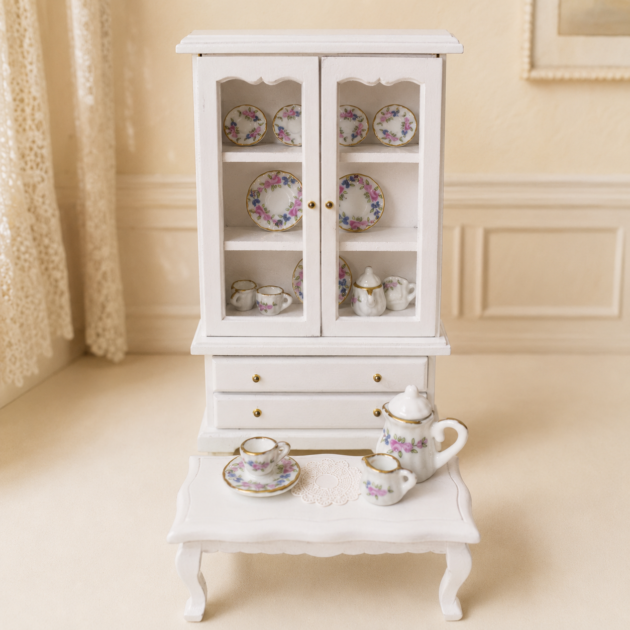 12 Scale Charys Floral China Cabinet & Tea Table Set – Filled Dollhouse Display Cabinet