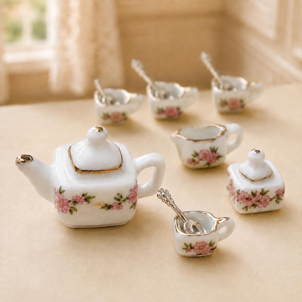 1:12 Scale 11-Piece Floral Tea Set with Spoons – Square Dollhouse Miniature Tea Service