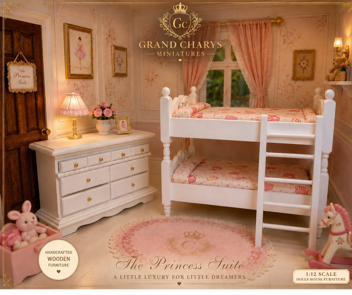 1:12 Scale Wooden Bunk Bed Dresser Set | Princess Suite, Opening Drawers, mitten  Bedding