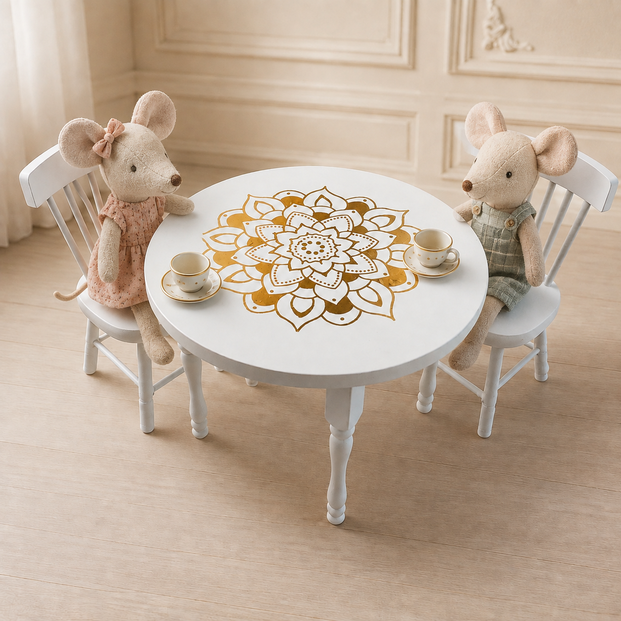 Hand painted white/gold mandala table & 2 chairs