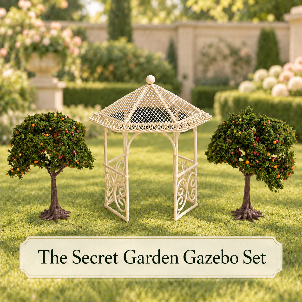 The Secret Garden Gazebo Set – Cream Miniature Gazebo with Two Fruit Trees – 1:12 Scale