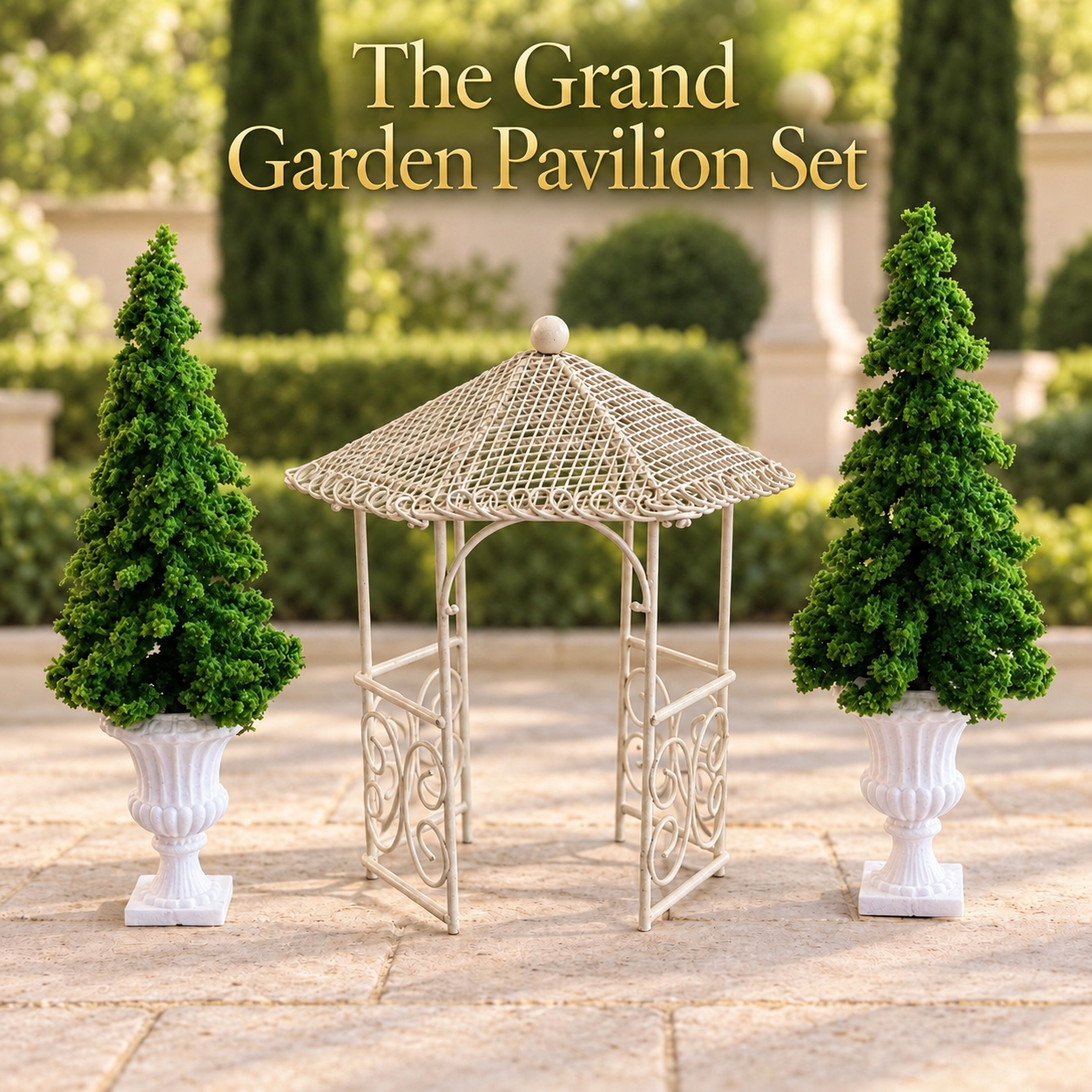 1:12 Grand Garden Pavilion Set  Gazebo with 2 Handmade Evergreen Urn Trees