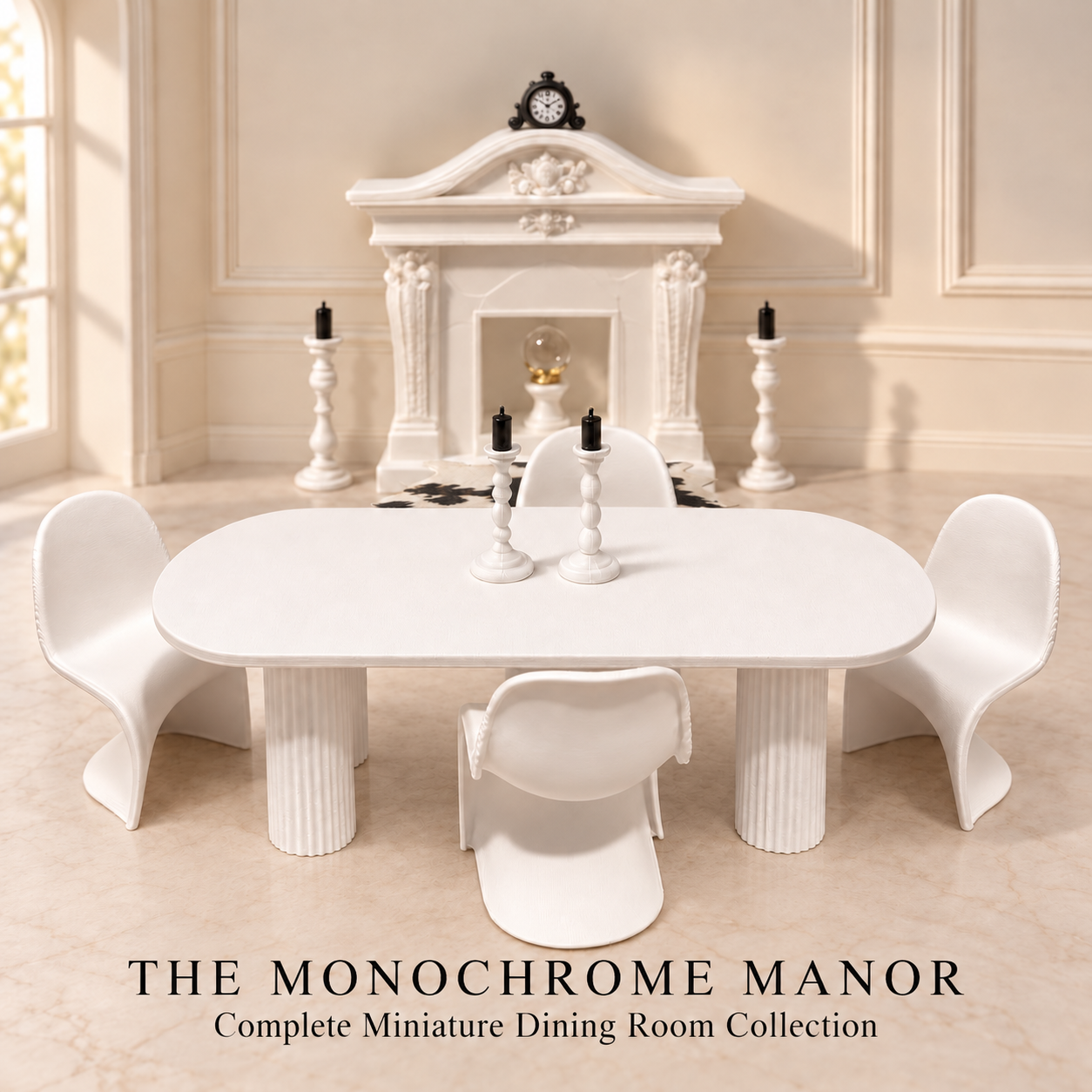 1:12 Luxury Miniature Dining Room Set – Table, 4 Chairs, Fireplace & Décor