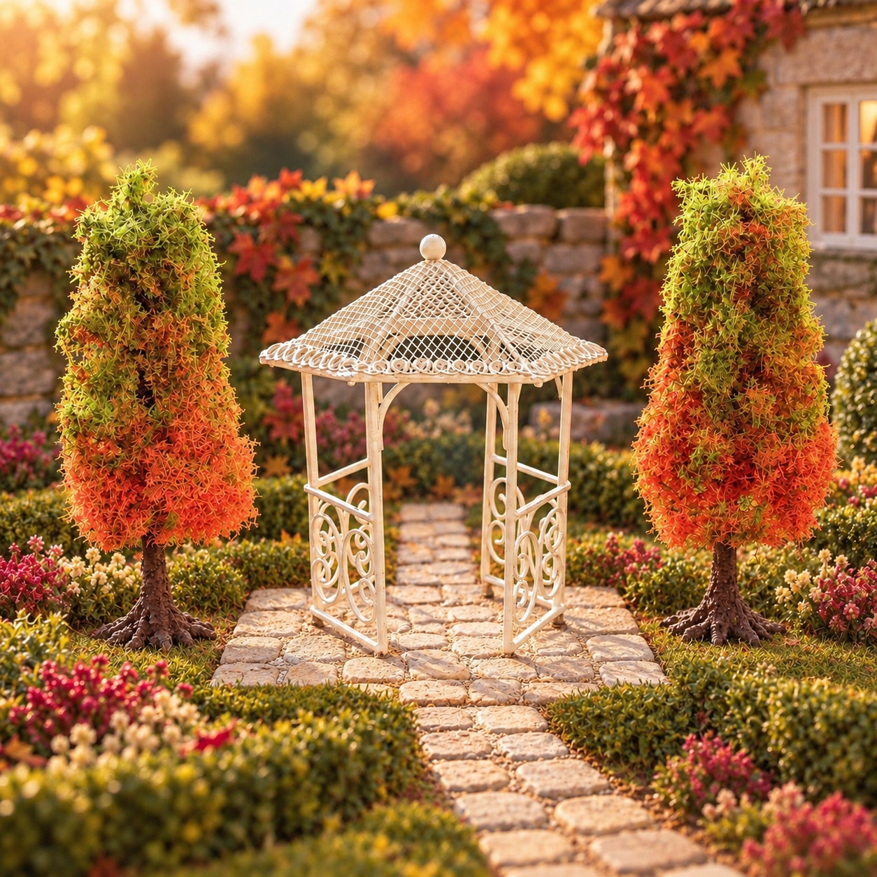 Autumn Garden Retreat Miniature Gazebo & Handmade Trees Set – 3 Piece Dollhouse Garden Scene