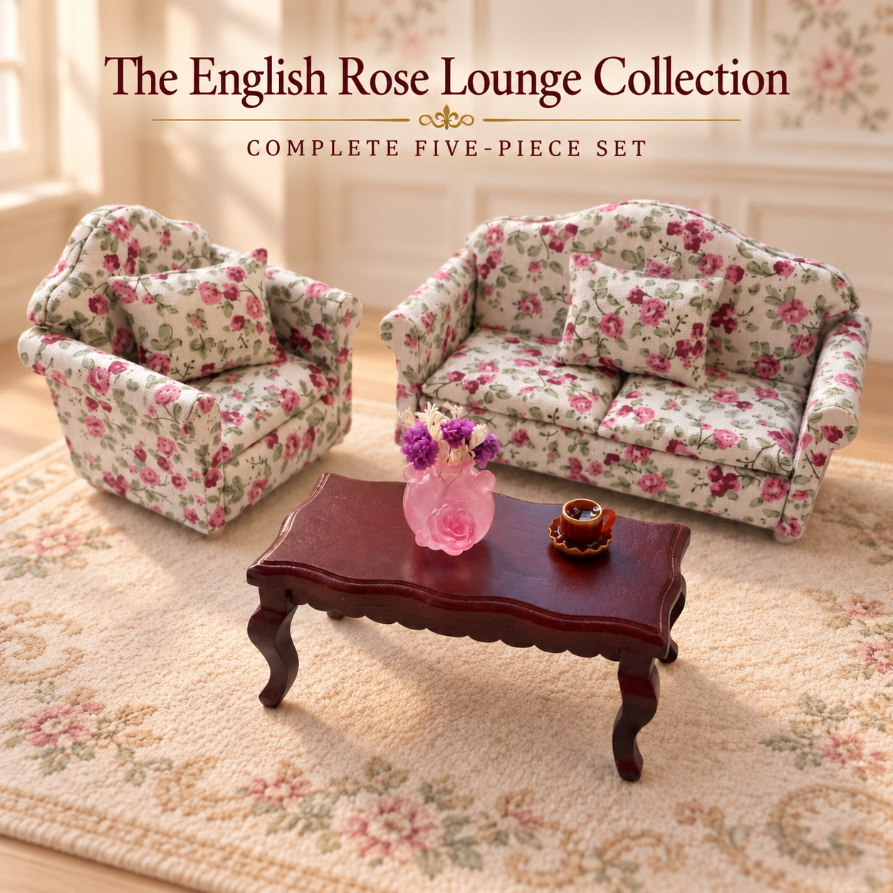 The English Rose 1:12 Miniature Lounge Collection – Five-Piece Floral Sofa Set