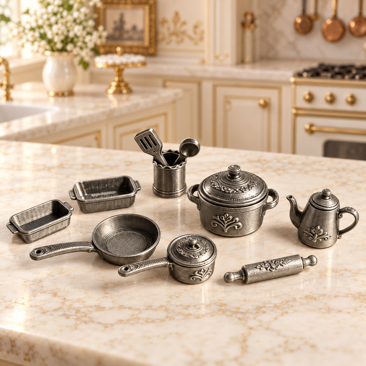 Antique Pewter-Effect Miniature Cookware Set 12Piece Dollhouse Accessories