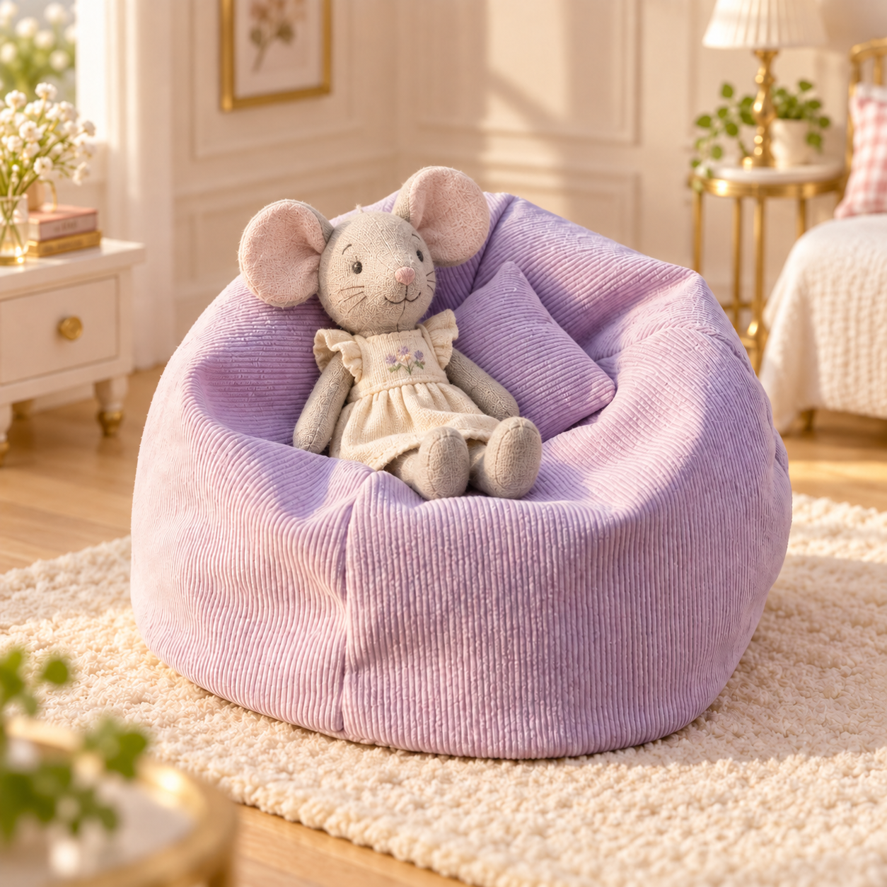 Luxury Lilac Corduroy Beanbag Chair with Cushion – Mouse-Suitable Miniature Furniture