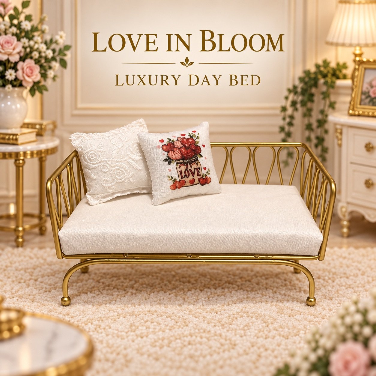 Luxury Gold Miniature Day Bed with 2 Handmade Cushions – Mouse Suitable
