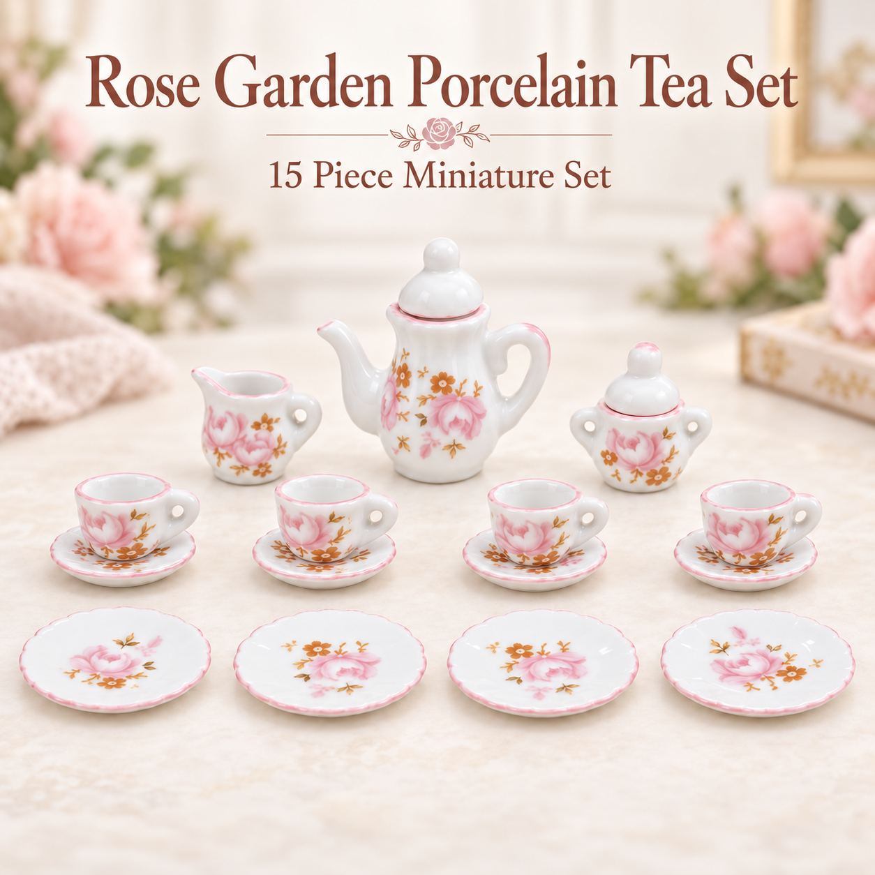 Rose Garden Porcelain Tea & Coffee Set – 15pc 1:12 Miniature Dollhouse