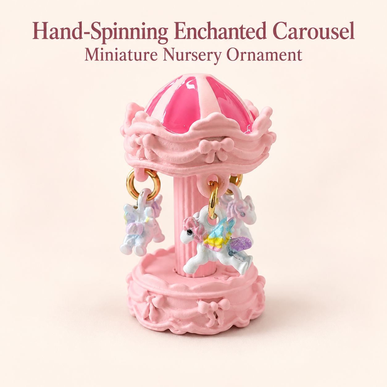 Hand-Spinning Miniature Carousel Ornament Pink & White 3.8cm Height