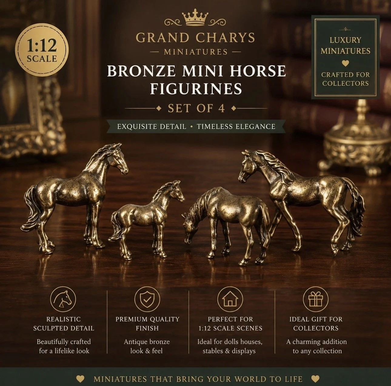 Set of 4 Miniature Bronze Horses 1:12 Scale Dolls House Horse Figurines