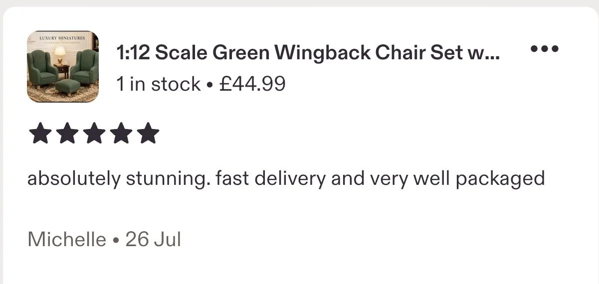 Product listing for a 1:12 scale green wingback chair set, showing a small image of the chair set with two wingback chairs and an ottoman, priced at £44.99.