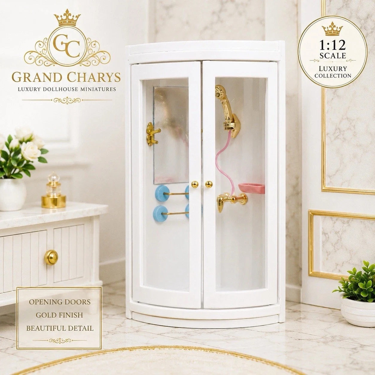 1:12 Dolls House White Curved Shower Cubicle Opening Doors Gold Finish