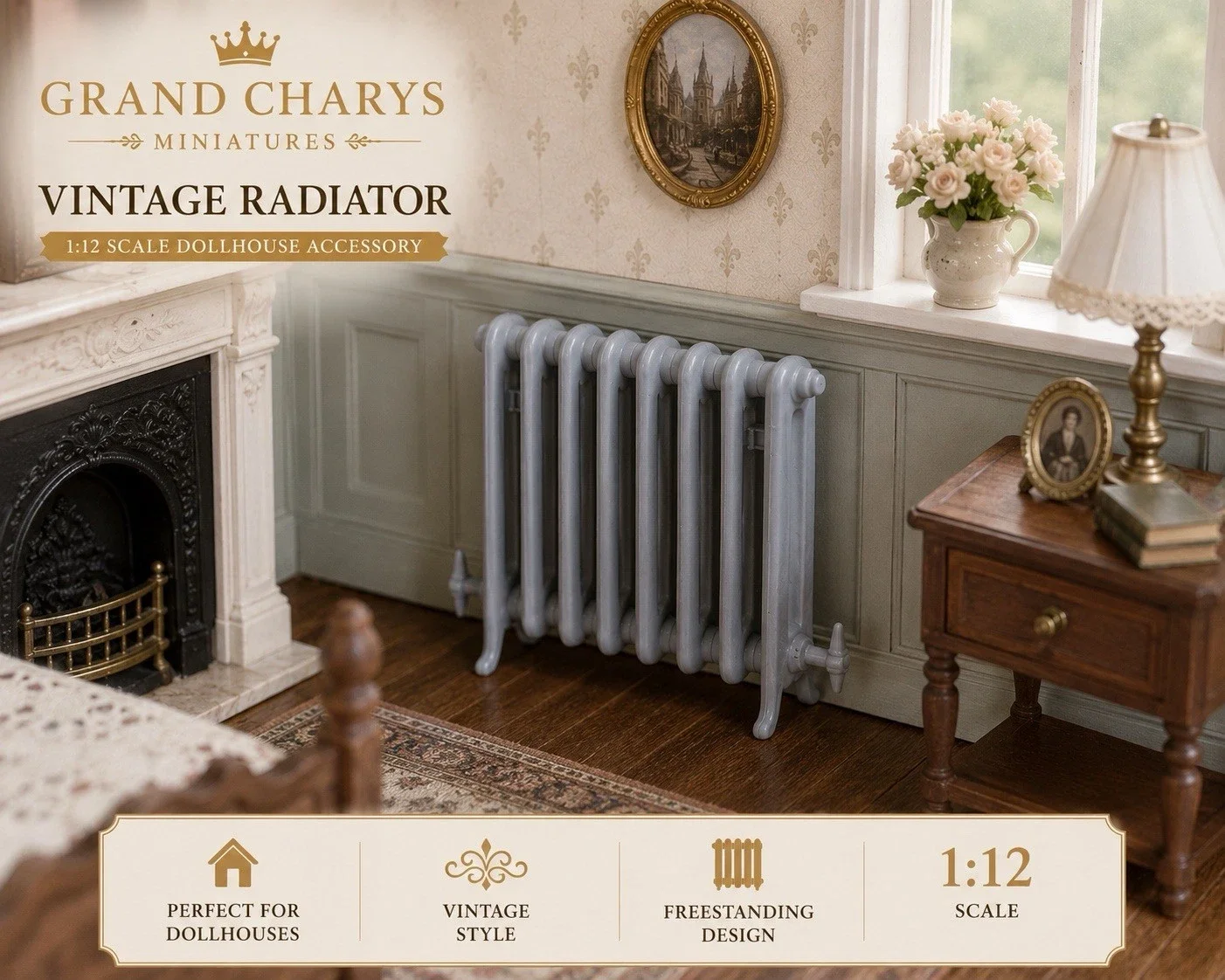 1:12 Scale Vintage Radiator Dollhouse Miniature Grey Resin Heater Accessory